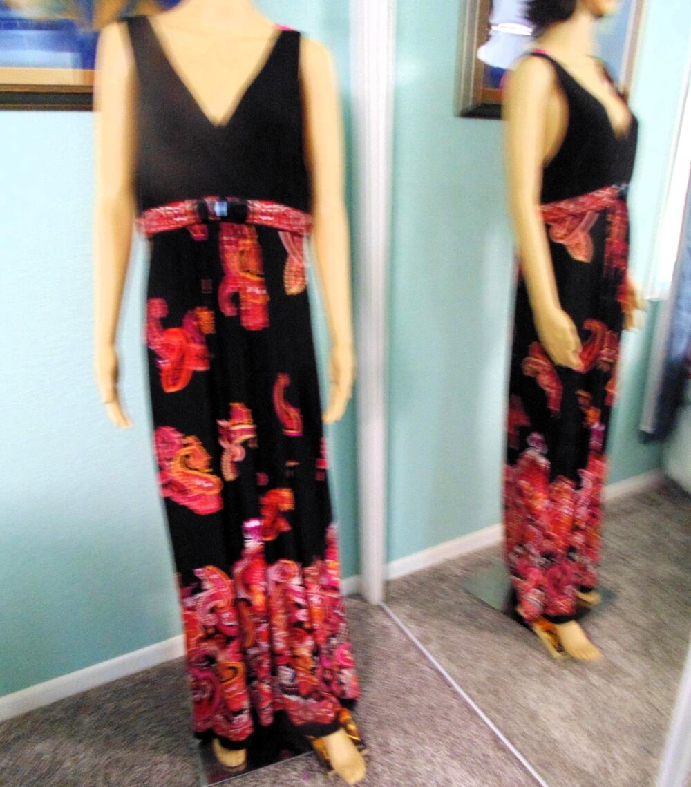 NWT Black Pink Paisley Sleeveless V Neck Maxi Hostess Cocktail Dress Womens 16
